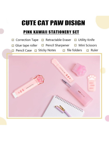 Conjunto de Papelería Kawaii PANDENNER Rosa - 10 Piezas