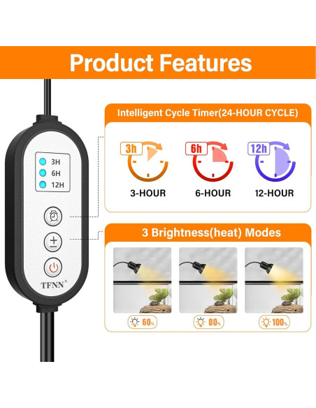 Lámpara de Calor para Reptiles TFNN con Temporizador 50W 75W Lámpara de Calor para Reptiles TFNN con Temporizador 50W 75W