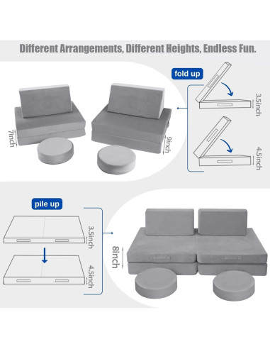 Sofá Modular para Niños MeMoreCool 8 Piezas Gris