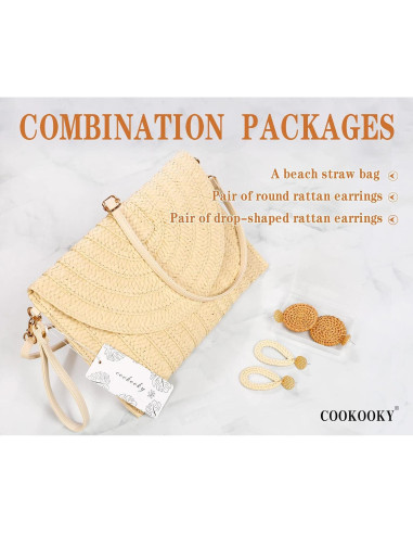Bolso de Paja Clutch COOKOOKY Beige con Aretes de Ratán