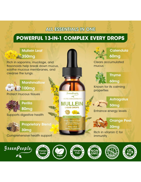 Extracto de Hoja de Mullein GREENPEOPLE 59 ml Sin Alcohol Extracto de Hoja de Mullein GREENPEOPLE 59 ml Sin Alcohol