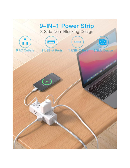 Regleta de Extensión One Beat 9 en 1 con USB C 0.30m Regleta de Extensión One Beat 9 en 1 con USB C 0.30m