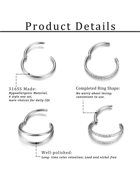 Aros Nasales Dochais 4PCS Acero Quirúrgico 10mm 16G Aros Nasales Dochais 4PCS Acero Quirúrgico 10mm 16G