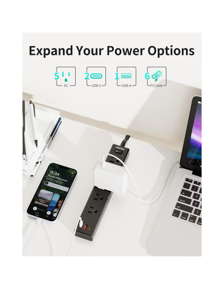 Regleta de Enchufes Plana HOPOW 1.83m 5 Salidas 3 USB Negro Regleta de Enchufes Plana HOPOW 1.83m 5 Salidas 3 USB Negro