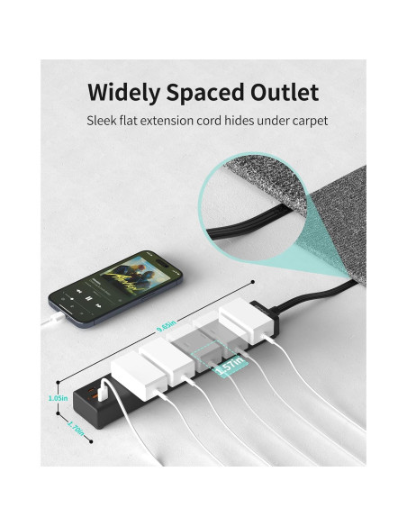 Regleta de Enchufes Plana HOPOW 1.83m 5 Salidas 3 USB Negro Regleta de Enchufes Plana HOPOW 1.83m 5 Salidas 3 USB Negro