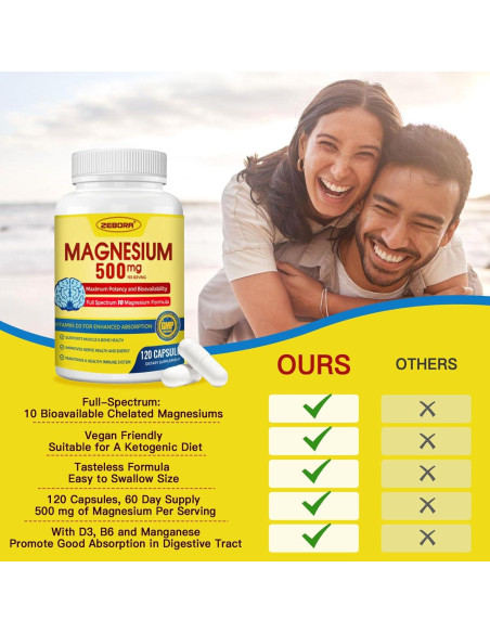 Suplemento de Magnesio 10 en 1 ZEBORA 500mg 120 Cápsulas Suplemento de Magnesio 10 en 1 ZEBORA 500mg 120 Cápsulas