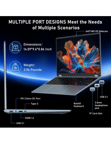 Laptop NAIKLULU 16" FHD, Intel N95, 16GB RAM, 1TB SSD