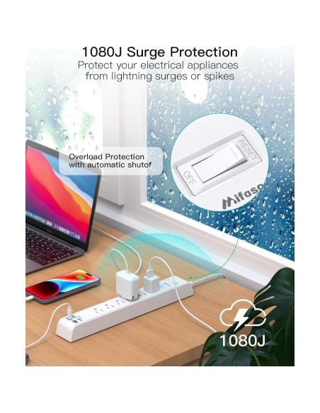Regleta de Energía Mifaso 1.5m con 6 Salidas y 4 USB Regleta de Energía Mifaso 1.5m con 6 Salidas y 4 USB