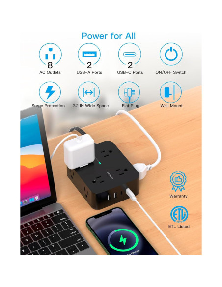 Regleta de Enchufe HANYCONY 5 pies con 8 Salidas y 4 USB Regleta de Enchufe HANYCONY 5 pies con 8 Salidas y 4 USB