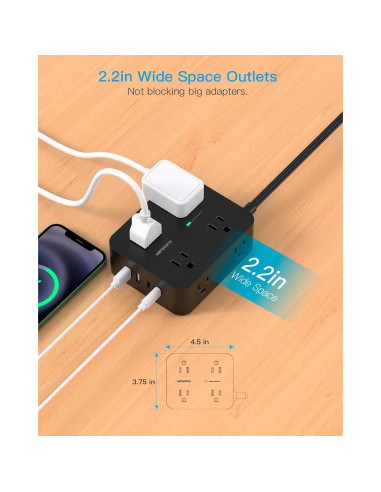 Regleta de Enchufe HANYCONY 5 pies con 8 Salidas y 4 USB