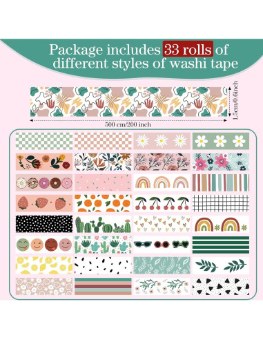 Cinta Washi TaoBary 33 Rollos Estilo Bohemio 15 mm