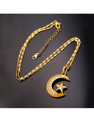 Collar U7 Islámico con Colgante Luna Creciente Baño Oro 18K