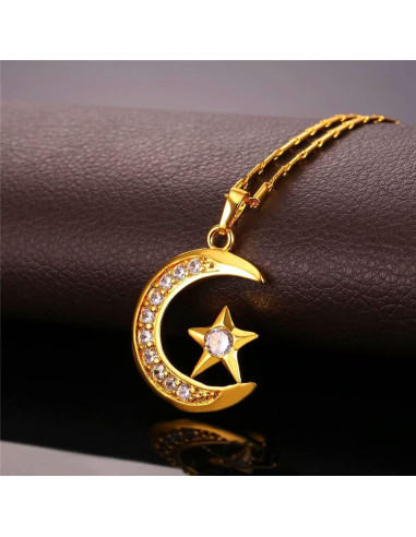 Collar U7 Islámico con Colgante Luna Creciente Baño Oro 18K