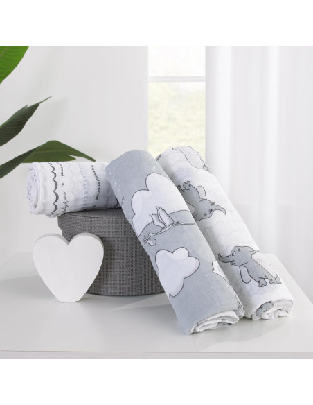 Conjunto de 3 Mantitas Muselina Bebé Disney Dumbo 100% Algodón Conjunto de 3 Mantitas Muselina Bebé Disney Dumbo 100% Algodón