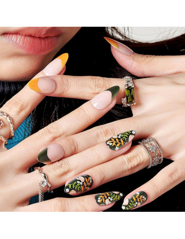 Uñas Postizas Almendra GLAMERMAID Verde Hoja Punta Francesa