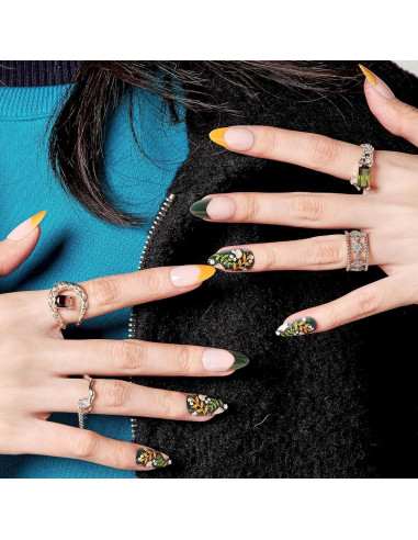 Uñas Postizas Almendra GLAMERMAID Verde Hoja Punta Francesa