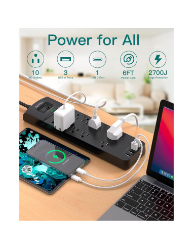 Regleta de Energía Addtam 10 Salidas AC 4 USB 1.83m Negro