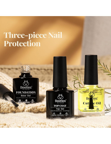 Conjunto Gel Base y Top Coat + Aceite Cutículas Beetles 3Pcs