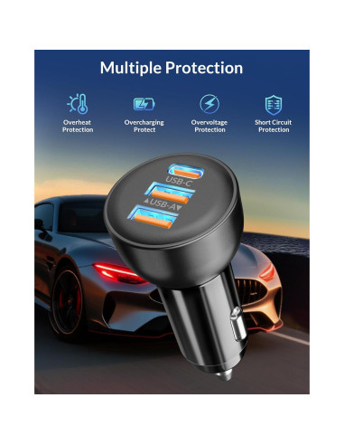 Cargador de coche USB-C 3 Puertos 70W Heyuan - Carga Rápida