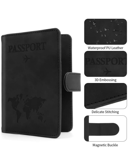 Portapasaportes de Cuero PU Negro STPIYFZU con Bloqueo RFID Portapasaportes de Cuero PU Negro STPIYFZU con Bloqueo RFID