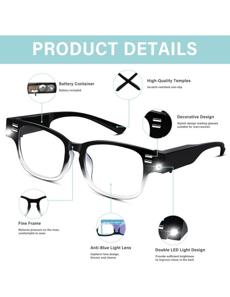 Gafas de lectura DUANMEI con luz LED +100 unisex Gafas de lectura DUANMEI con luz LED +100 unisex