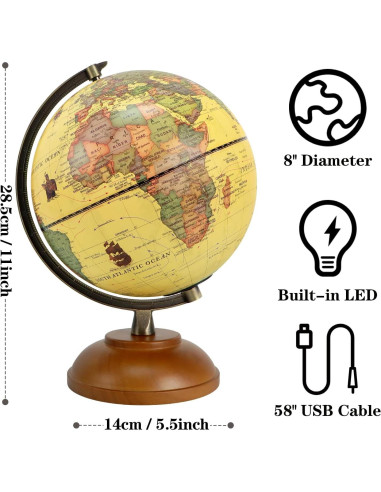 Globo Iluminado del Mundo JOWHOL 20.32 cm con Soporte de Madera