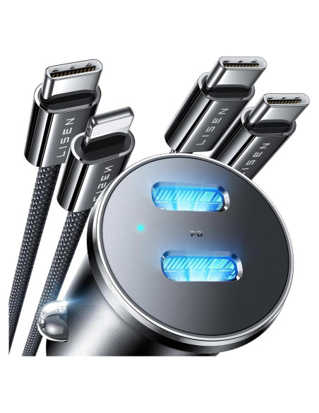 Cargador de Coche USB C LISEN 90W Carga Rápida Dual 45W Cargador de Coche USB C LISEN 90W Carga Rápida Dual 45W