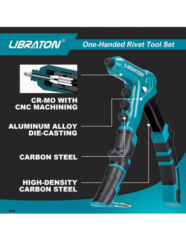 Pistola de Remaches Manual Libraton con 200 Remaches y 4 Brocas