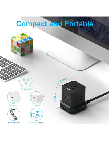 Regleta de Energía TOPREK 5 Salidas + 1 USB-C + 3 USB-A