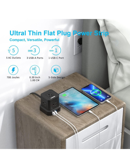 Regleta de Energía TOPREK 5 Salidas + 1 USB-C + 3 USB-A Regleta de Energía TOPREK 5 Salidas + 1 USB-C + 3 USB-A