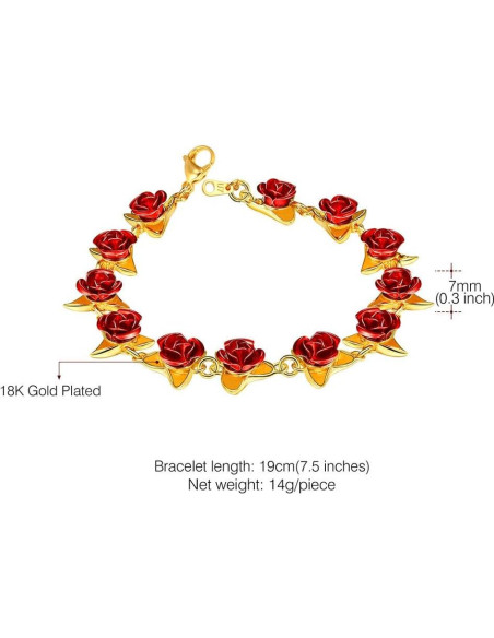 Pulsera de Rosa Roja U7 en Oro 18K para Mujeres 19CM Pulsera de Rosa Roja U7 en Oro 18K para Mujeres 19CM