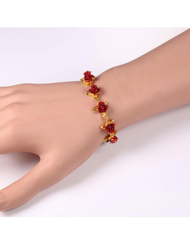 Pulsera de Rosa Roja U7 en Oro 18K para Mujeres 19CM
