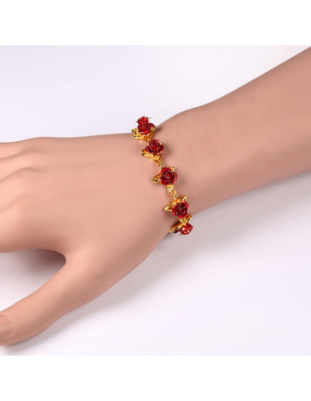 Pulsera de Rosa Roja U7 en Oro 18K para Mujeres 19CM Pulsera de Rosa Roja U7 en Oro 18K para Mujeres 19CM