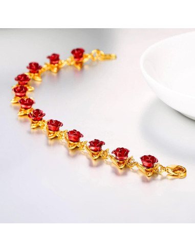 Pulsera de Rosa Roja U7 en Oro 18K para Mujeres 19CM