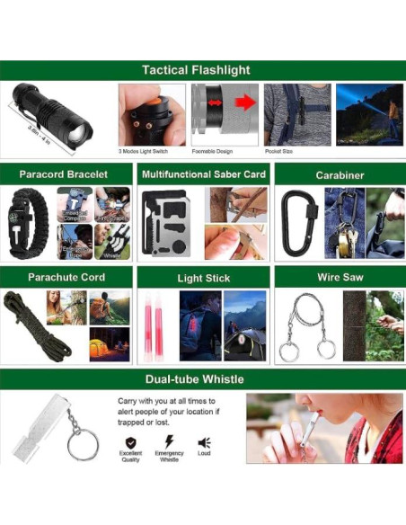 Kit de Supervivencia y Primeros Auxilios JIAOLUOLI 142 Piezas Kit de Supervivencia y Primeros Auxilios JIAOLUOLI 142 Piezas