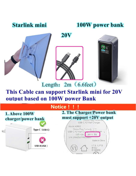 Cable de Alimentación USB C a DC 20V 5A 2m para Starlink Mini Cable de Alimentación USB C a DC 20V 5A 2m para Starlink Mini
