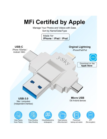 Memoria USB 1TB MFi ySky 4 en 1 para iPhone y Android Memoria USB 1TB MFi ySky 4 en 1 para iPhone y Android