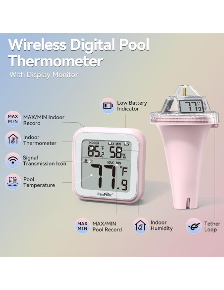 Termómetro Digital Inalámbrico RAINPOINT Rosa para Piscina Termómetro Digital Inalámbrico RAINPOINT Rosa para Piscina