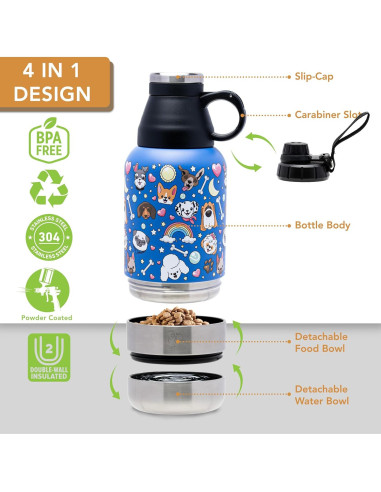 Botella de Agua para Perros Pet2Go 32oz con Cuencos Desmontables