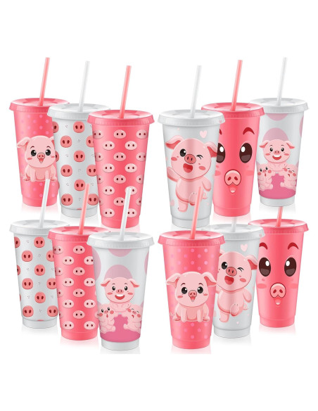 Vasos de Cerdo Nezyo 12 Pcs Reutilizables 710 ml con Pajitas Vasos de Cerdo Nezyo 12 Pcs Reutilizables 710 ml con Pajitas