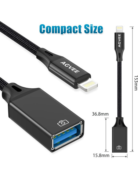Adaptador Lightning a USB AGVEE 10.16 cm Negro OTG Adaptador Lightning a USB AGVEE 10.16 cm Negro OTG