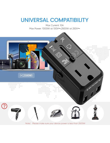 Adaptador de corriente de viaje LENCENT G63, 4 puertos USB, 17W