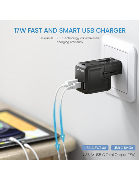 Adaptador de corriente de viaje LENCENT G63, 4 puertos USB, 17W Adaptador de corriente de viaje LENCENT G63, 4 puertos USB, 17W