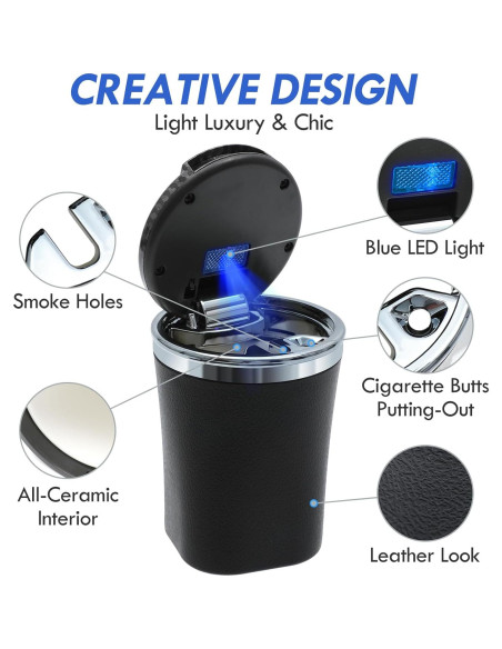 Cenicero de Coche EOCICI con Tapa y Luz LED Azul - Antihumo Cenicero de Coche EOCICI con Tapa y Luz LED Azul - Antihumo