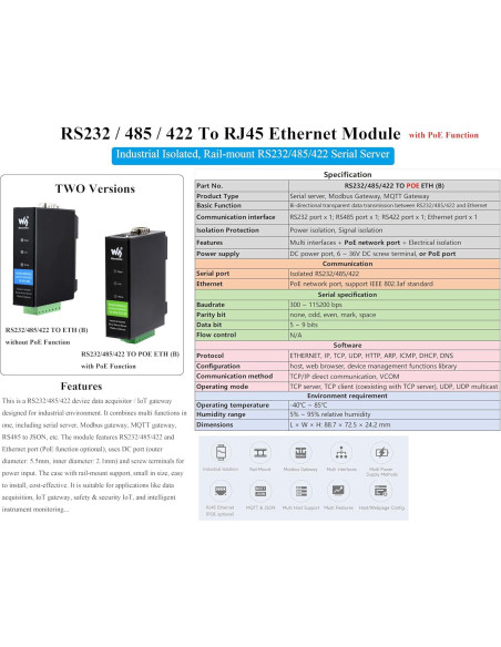 Convertidor RS232/485/422 a RJ45 UeeKKoo POE Industrial Convertidor RS232/485/422 a RJ45 UeeKKoo POE Industrial