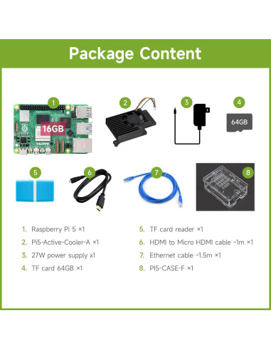 Kit de Inicio Waveshare Raspberry Pi 5 16GB + TF 64GB + Accesorios