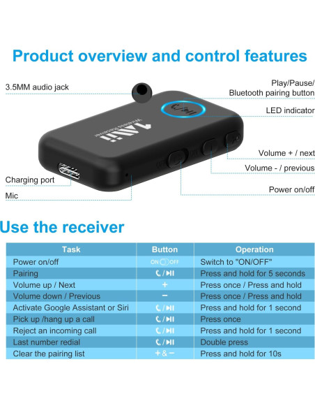 Receptor Bluetooth 1Mii ML100 para Auto y Casa, 16H Batería Receptor Bluetooth 1Mii ML100 para Auto y Casa, 16H Batería