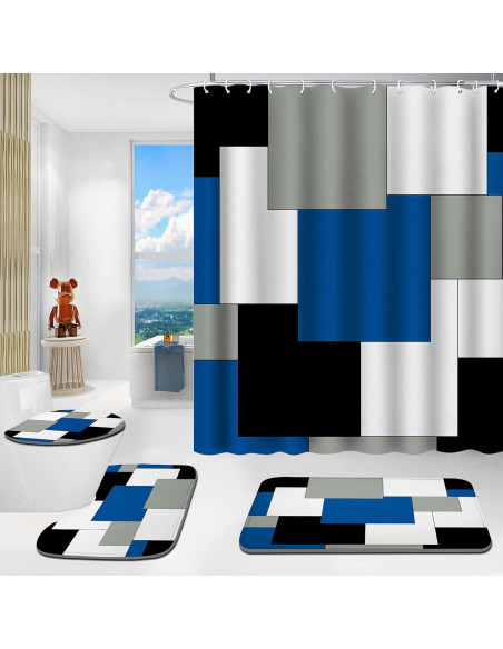 Conjunto de baño 4 piezas ENYORSEL azul con cortina y alfombrillas Conjunto de baño 4 piezas ENYORSEL azul con cortina y alfombrillas