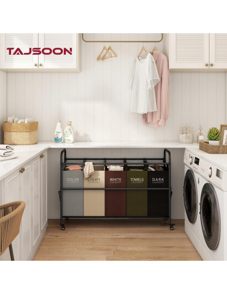 Carro Clasificador de Ropa Tajsoon 5 Bolsas con Ruedas 49.2L Carro Clasificador de Ropa Tajsoon 5 Bolsas con Ruedas 49.2L