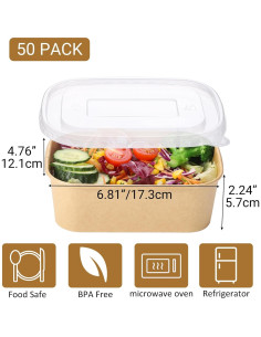 50 Tazones de Papel Kraft 750ml con Tapas Belinlen Desechables 2